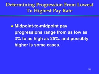 30
 Midpoint-to-midpoint pay
progressions range from as low as
3% to as high as 25%. and possibly
higher is some cases.
Determining Progression From Lowest
To Highest Pay Rate
 