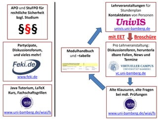 Lehrveranstaltungen für StundenplanKontaktdaten von PersonenAPO und StuFPO für rechtliche Sicherheit bzgl. Studium§§§univis.uni-bamberg.demit EETBroschürePartycipate, Diskussionsforum,und vieles mehr!Pro Lehrveranstaltung:Diskussionsforen, herunterladbare Folien, News und TermineModulhandbuch und –tabellevc.uni-bamberg.dewww.feki.deJava Tutorium, LaTeX Kurs, FachschaftsgrillenAlte Klausuren, alte Fragen bei mdl. Prüfungenwww.uni-bamberg.de/wiai/fswww.uni-bamberg.de/wiai/fs