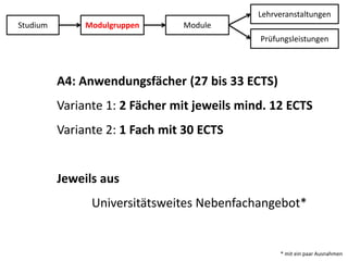LehrveranstaltungenStudiumModulgruppenModulePrüfungsleistungenA4: Anwendungsfächer (27 bis 33 ECTS)Variante 1: 2 Fächer mit jeweils mind. 12 ECTSVariante 2: 1 Fach mit 30 ECTSJeweils aus Universitätsweites Nebenfachangebot** mit ein paar Ausnahmen