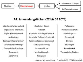 LehrveranstaltungenStudiumModulgruppenModulePrüfungsleistungenA4: Anwendungsfächer (27 bis 33 ECTS)Allg. SprachwissenschaftAngewandte InformatikAnglistik/AmerikanistikArchäologie Betriebswirtschaftslehre*Europäische EthnologieEvangelische TheologieGeographieGeschichteIslamischer OrientJudaistikKlassische Philologie/GräzistikKlassische Philologie/LatinistikKommunikationswissenschaftKulturgutsicherung  KunstgeschichteMusikpädagogikPädagogikPhilosophiePolitikwissenschaftPsychologie*+Romanistik SlavistikSoziologieSportdidaktikTheologische Studien+ nur per Voranmeldung* nicht als 30 ECTS Nebenfach