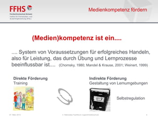 Medienkompetenz fördern




                (Medien)kompetenz ist ein....

  .... System von Voraussetzungen für erfolgreiches Handeln,
  also für Leistung, das durch Übung und Lernprozesse
  beeinflussbar ist.... (Chomsky, 1980; Mandel & Krause, 2001; Weinert, 1999)

    Direkte Förderung                                       Indirekte Förderung
    Training                                                Gestaltung von Lernumgebungen


                                                                          Selbstregulation



07. März 2013                2. Nationales Fachforum Jugendmedienschutz                      4
 