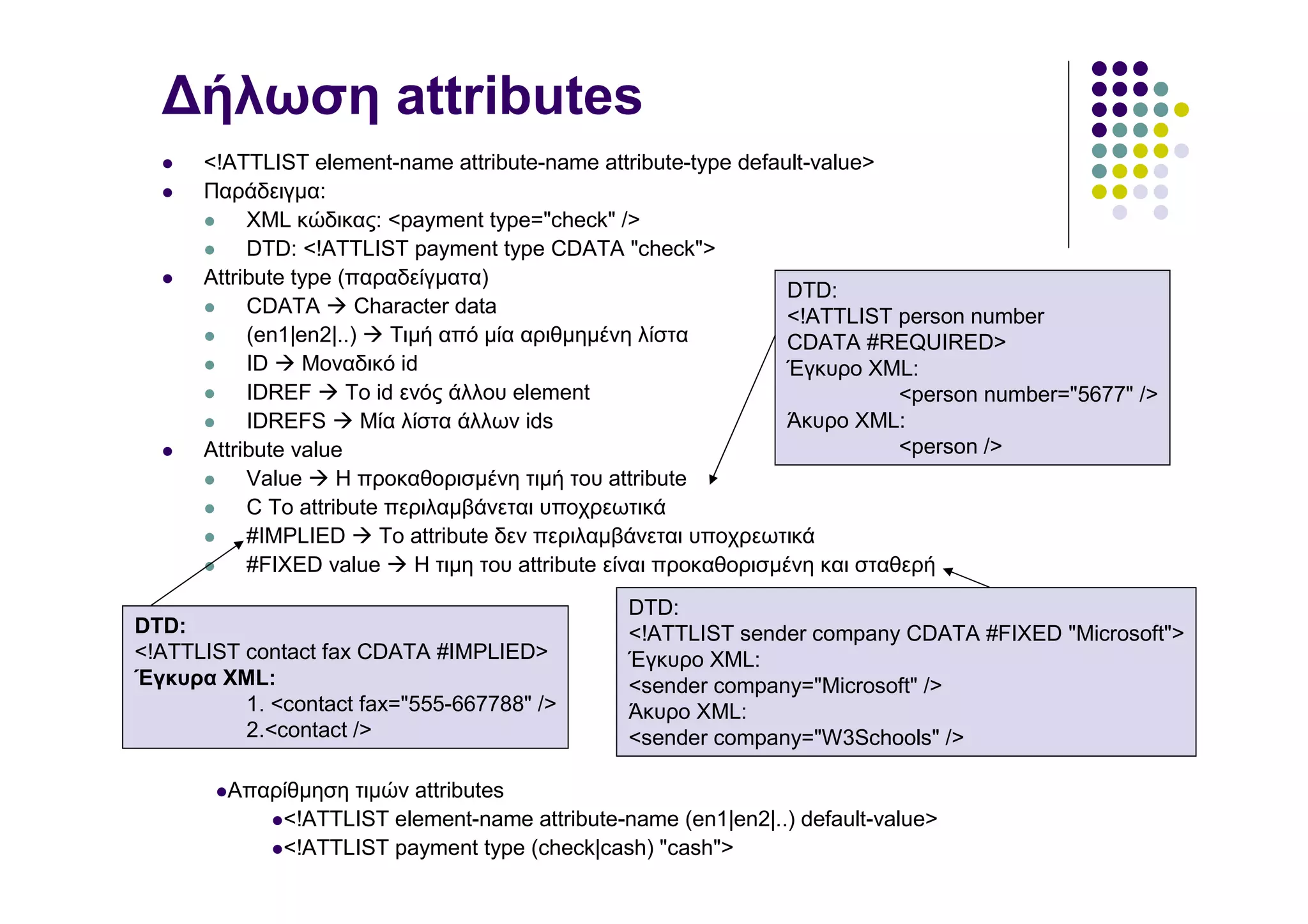 ∆ήλωση attributes
      <!ATTLIST element-name attribute-name attribute-type default-value>
      Παράδειγµα:
           XML κώδικας: <payment type="check" />
           DTD: <!ATTLIST payment type CDATA "check">
      Attribute type (παραδείγµατα)
                                                                    DTD:
           CDATA       Character data                               <!ATTLIST person number
           (en1|en2|..)    Τιµή από µία αριθµηµένη λίστα            CDATA #REQUIRED>
           ID    Μοναδικό id                                        Έγκυρο XML:
           IDREF      To id ενός άλλου element                                 <person number="5677" />
           IDREFS       Μία λίστα άλλων ids                         Άκυρο XML:
      Attribute value                                                          <person />
           Value     Η προκαθορισµένη τιµή του attribute
           C To attribute περιλαµβάνεται υποχρεωτικά
           #IMPLIED       Το attribute δεν περιλαµβάνεται υποχρεωτικά
           #FIXED value      Η τιµη του attribute είναι προκαθορισµένη και σταθερή
                                                 DTD:
DTD:                                             <!ATTLIST sender company CDATA #FIXED "Microsoft">
<!ATTLIST contact fax CDATA #IMPLIED>            Έγκυρο XML:
Έγκυρα XML:                                      <sender company="Microsoft" />
          1. <contact fax="555-667788" />        Άκυρο XML:
          2.<contact />                          <sender company="W3Schools" />

         Απαρίθµηση τιµών attributes
             <!ATTLIST element-name attribute-name (en1|en2|..) default-value>
             <!ATTLIST payment type (check|cash) "cash">
 