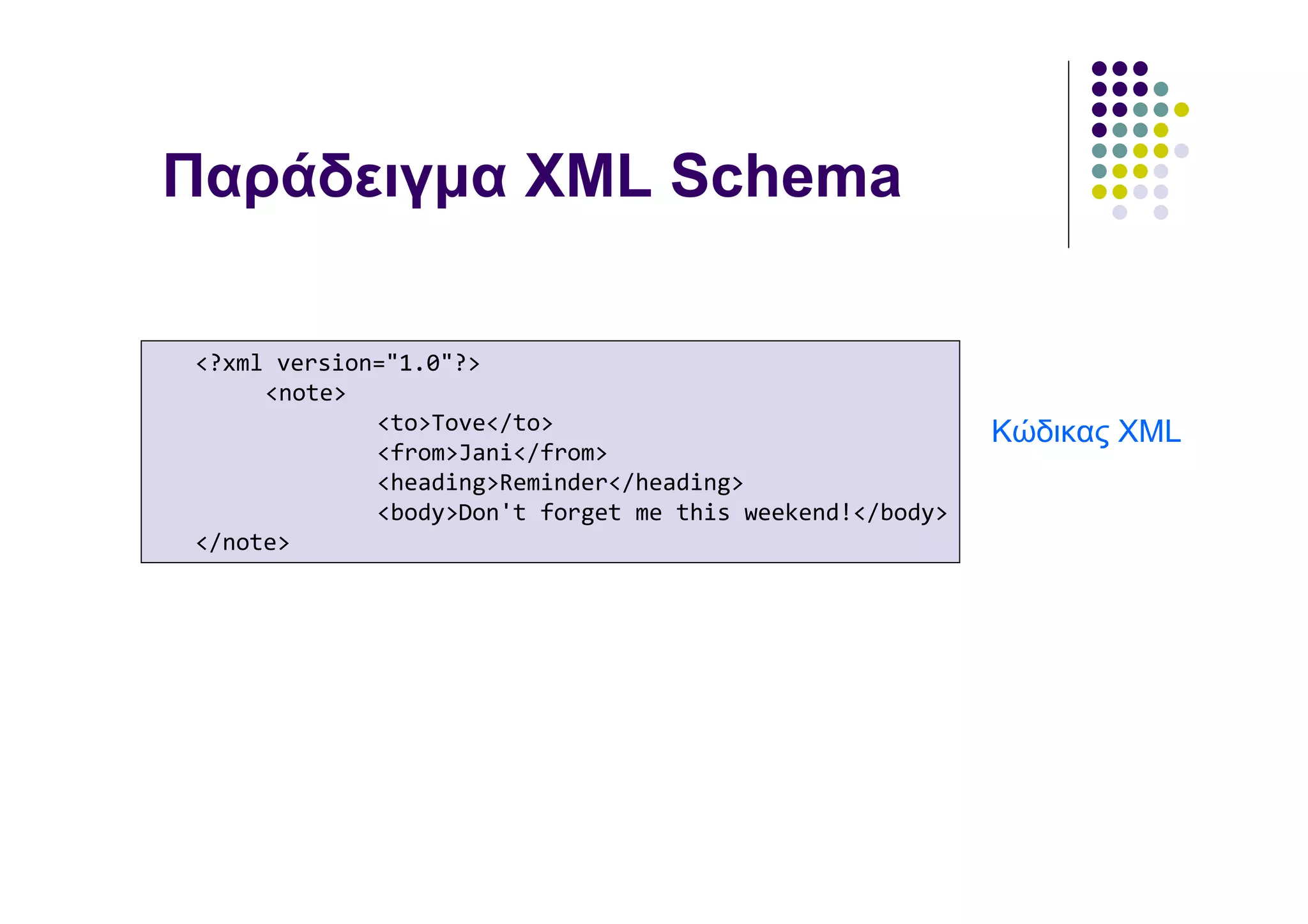 Παράδειγµα XML Schema

<?xml version="1.0"?>
     <note>
             <to>Tove</to>                                Κώδικας XML
             <from>Jani</from>
             <heading>Reminder</heading>
             <body>Don't forget me this weekend!</body>
</note>
 