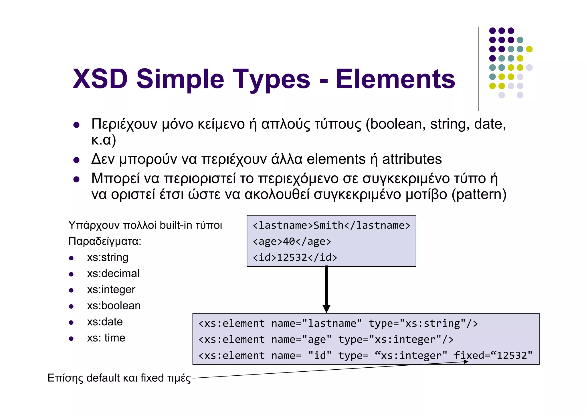 XSD Simple Types - Elements
         Περιέχουν µόνο κείµενο ή απλούς τύπους (boolean, string, date,
         κ.α)
         ∆εν µπορούν να περιέχουν άλλα elements ή attributes
         Μπορεί να περιοριστεί το περιεχόµενο σε συγκεκριµένο τύπο ή
         να οριστεί έτσι ώστε να ακολουθεί συγκεκριµένο µοτίβο (pattern)

    Υπάρχουν πολλοί built-in τύποι     <lastname>Smith</lastname>
    Παραδείγµατα:                      <age>40</age>
       xs:string                       <id>12532</id>
       xs:decimal
       xs:integer
       xs:boolean
       xs:date                <xs:element name="lastname" type="xs:string"/>
       xs: time               <xs:element name="age" type="xs:integer"/>
                                 <xs:element name= "id" type= “xs:integer" fixed=“12532"

Επίσης default και fixed τιµές
 