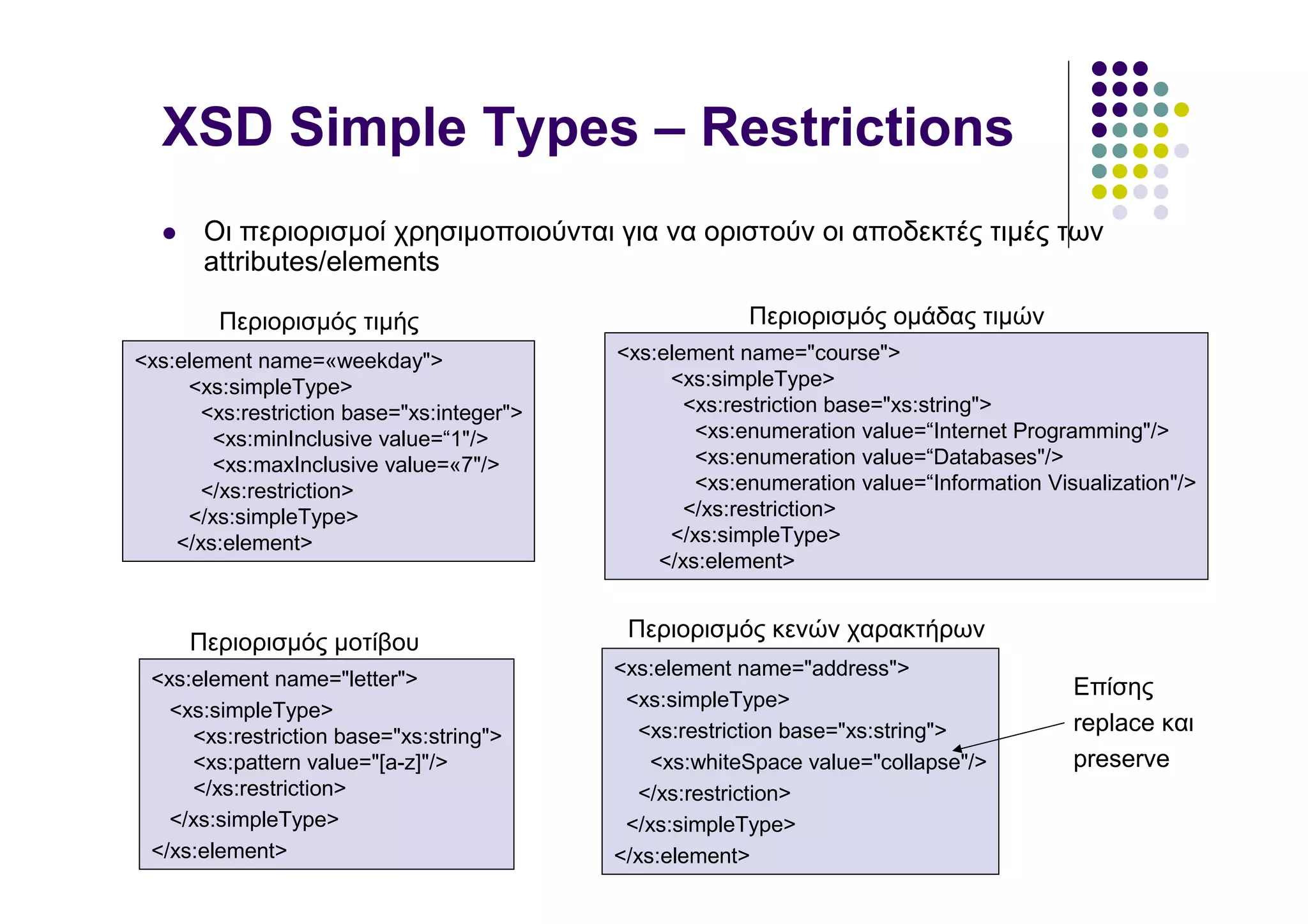 XSD Simple Types – Restrictions
       Οι περιορισµοί χρησιµοποιούνται για να οριστούν οι αποδεκτές τιµές των
       attributes/elements

        Περιορισµός τιµής                                Περιορισµός οµάδας τιµών
<xs:element name=«weekday">                 <xs:element name="course">
     <xs:simpleType>                             <xs:simpleType>
       <xs:restriction base="xs:integer">          <xs:restriction base="xs:string">
        <xs:minInclusive value=“1"/>                <xs:enumeration value=“Internet Programming"/>
        <xs:maxInclusive value=«7"/>                <xs:enumeration value=“Databases"/>
       </xs:restriction>                            <xs:enumeration value=“Information Visualization"/>
     </xs:simpleType>                              </xs:restriction>
    </xs:element>                                </xs:simpleType>
                                                </xs:element>


                                             Περιορισµός κενών χαρακτήρων
     Περιορισµός µοτίβου
 <xs:element name="letter">                 <xs:element name="address">
                                             <xs:simpleType>
                                                                                          Επίσης
   <xs:simpleType>
                                               <xs:restriction base="xs:string">          replace και
     <xs:restriction base="xs:string">
     <xs:pattern value="[a-z]"/>                <xs:whiteSpace value="collapse"/>         preserve
     </xs:restriction>                         </xs:restriction>
   </xs:simpleType>                          </xs:simpleType>
 </xs:element>                              </xs:element>
 