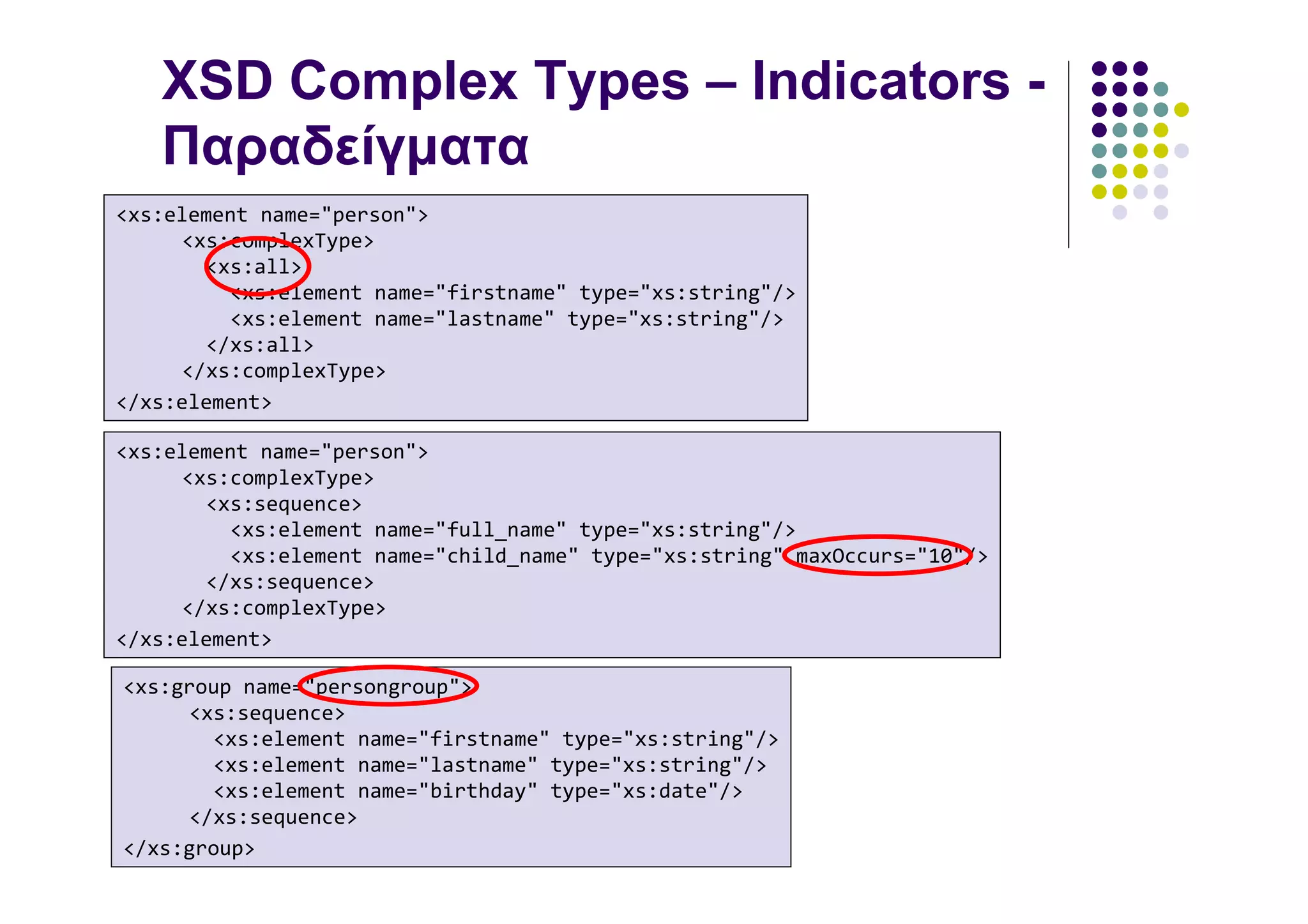 XSD Complex Types – Indicators -
   Παραδείγµατα
<xs:element name="person">
     <xs:complexType>
       <xs:all>
         <xs:element name="firstname" type="xs:string"/>
         <xs:element name="lastname" type="xs:string"/>
       </xs:all>
     </xs:complexType>
</xs:element>

<xs:element name="person">
     <xs:complexType>
       <xs:sequence>
         <xs:element name="full_name" type="xs:string"/>
         <xs:element name="child_name" type="xs:string" maxOccurs="10"/>
       </xs:sequence>
     </xs:complexType>
</xs:element>

<xs:group name="persongroup">
     <xs:sequence>
       <xs:element name="firstname" type="xs:string"/>
       <xs:element name="lastname" type="xs:string"/>
       <xs:element name="birthday" type="xs:date"/>
     </xs:sequence>
</xs:group>
 