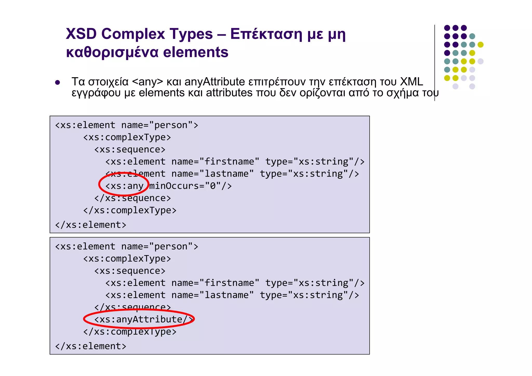 XSD Complex Types – Επέκταση µε µη
 καθορισµένα elements
   Τα στοιχεία <any> και anyAttribute επιτρέπουν την επέκταση του XML
   εγγράφου µε elements και attributes που δεν ορίζονται από το σχήµα του

<xs:element name="person">
     <xs:complexType>
       <xs:sequence>
         <xs:element name="firstname" type="xs:string"/>
         <xs:element name="lastname" type="xs:string"/>
         <xs:any minOccurs="0"/>
       </xs:sequence>
     </xs:complexType>
</xs:element>

<xs:element name="person">
     <xs:complexType>
       <xs:sequence>
         <xs:element name="firstname" type="xs:string"/>
         <xs:element name="lastname" type="xs:string"/>
       </xs:sequence>
       <xs:anyAttribute/>
     </xs:complexType>
</xs:element>
 