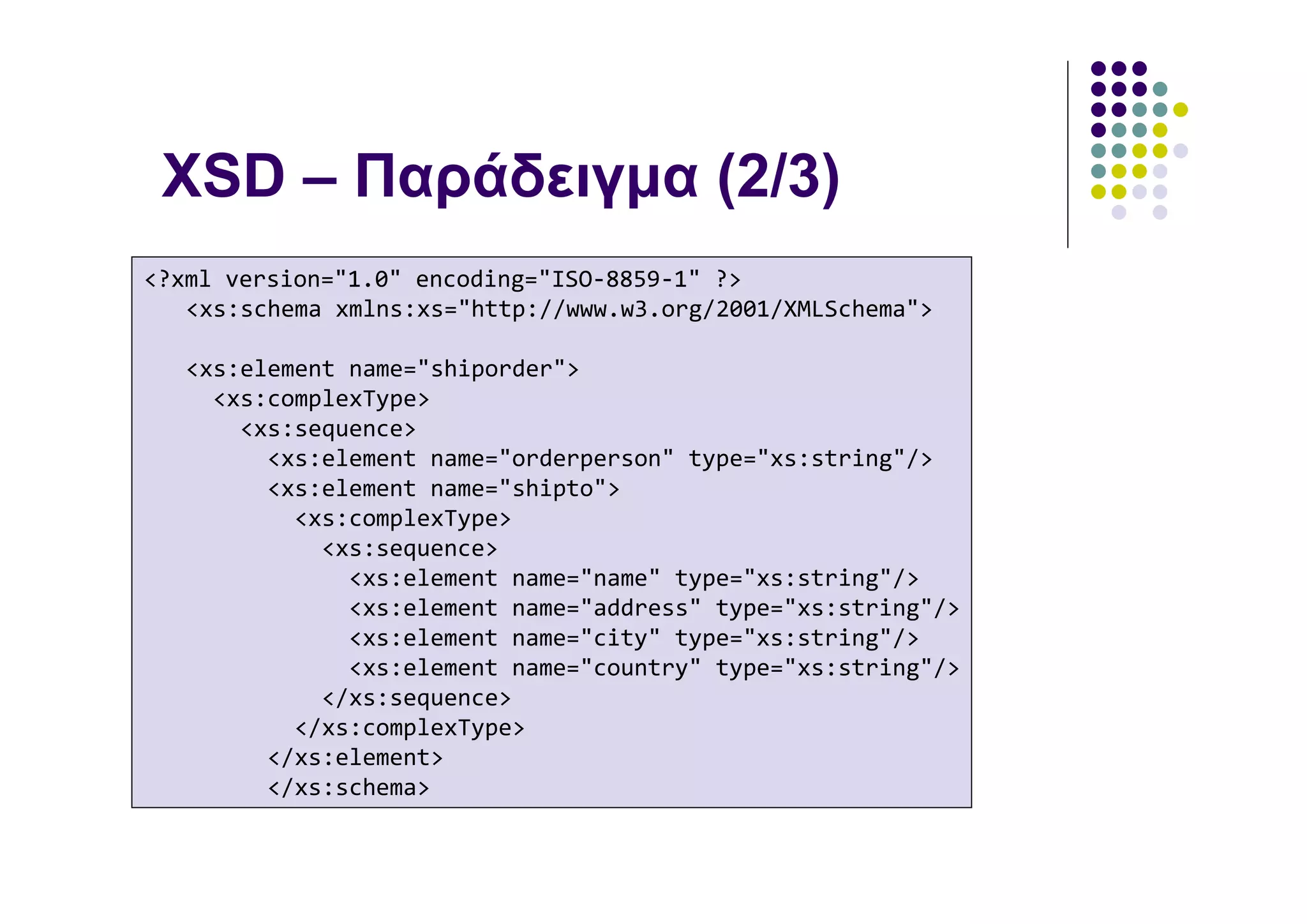 XSD – Παράδειγµα (2/3)
<?xml version="1.0" encoding="ISO-8859-1" ?>
   <xs:schema xmlns:xs="http://www.w3.org/2001/XMLSchema">

   <xs:element name="shiporder">
     <xs:complexType>
       <xs:sequence>
         <xs:element name="orderperson" type="xs:string"/>
         <xs:element name="shipto">
           <xs:complexType>
             <xs:sequence>
               <xs:element name="name" type="xs:string"/>
               <xs:element name="address" type="xs:string"/>
               <xs:element name="city" type="xs:string"/>
               <xs:element name="country" type="xs:string"/>
             </xs:sequence>
           </xs:complexType>
         </xs:element>
         </xs:schema>
 