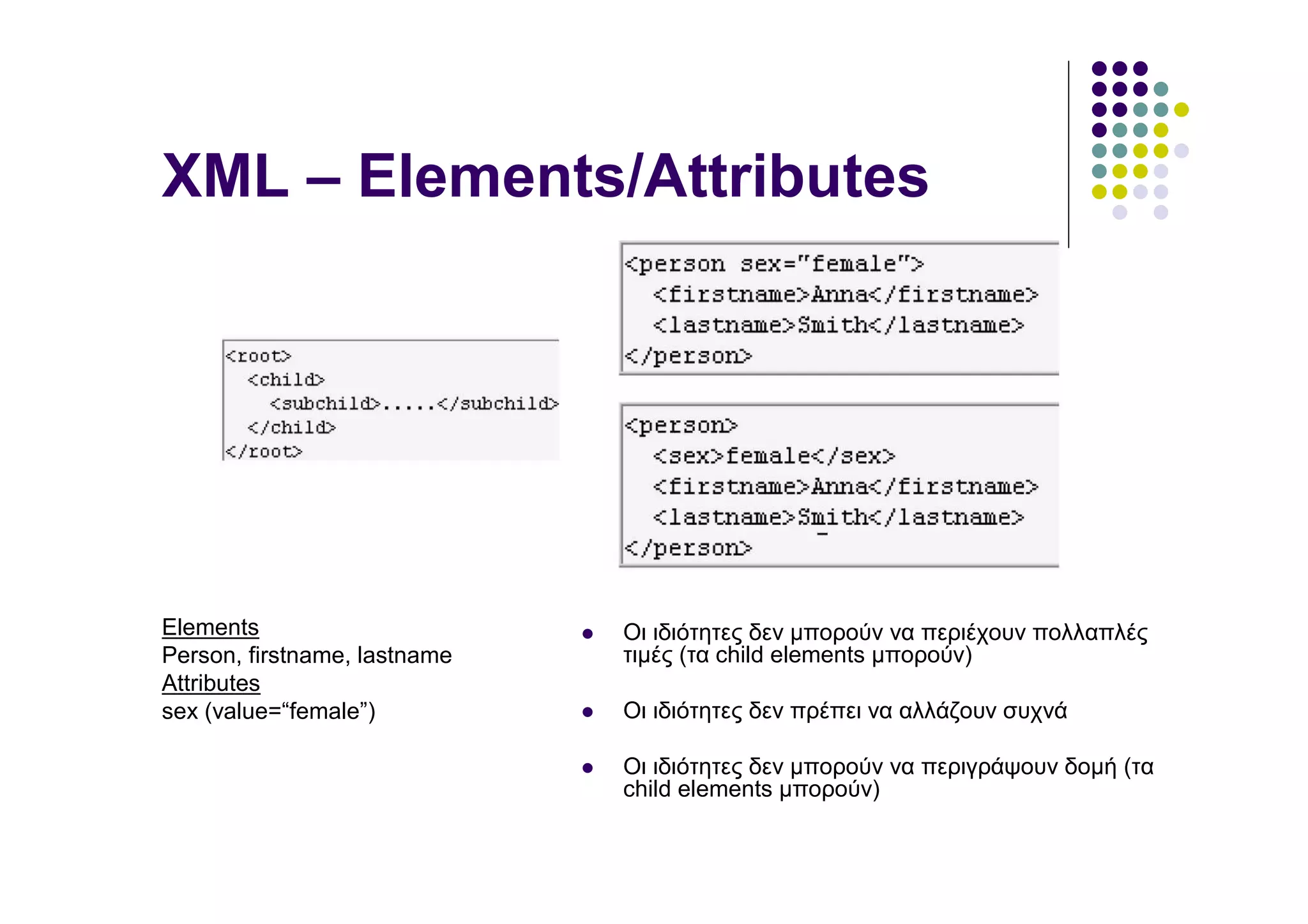 XML – Elements/Attributes




Elements                      Οι ιδιότητες δεν µπορούν να περιέχουν πολλαπλές
Person, firstname, lastname   τιµές (τα child elements µπορούν)
Attributes
sex (value=“female”)          Οι ιδιότητες δεν πρέπει να αλλάζουν συχνά

                              Οι ιδιότητες δεν µπορούν να περιγράψουν δοµή (τα
                              child elements µπορούν)
 