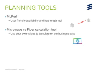 Commercial in confidence | 2012-05-16
Planning Tools
› MLPerf
– User friendly availability and hop length tool
› Microwave vs Fiber calculation tool
– Use your own values to calculate on the business case
 