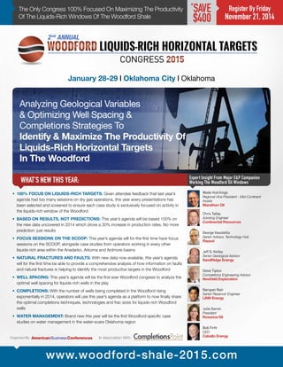 The Only Congress 100% Focused On Maximizing The Productivity 
Of The Liquids-Rich Windows Of The Woodford Shale 
Analyzing Geological Variables 
& Optimizing Well Spacing & 
Completions Strategies To 
Identify & Maximize The Productivity Of 
Liquids-Rich Horizontal Targets 
In The Woodford 
WHAT’S NEW THIS YEAR: 
January 28-29 | Oklahoma City | Oklahoma 
Chris Talley 
Advising Engineer 
Continental Resources 
Expert Insight From Major E&P Companies 
Working The Woodford Oil Windows 
www.woodford-shale-2015.com 
Register By Friday 
November 21, 2014 
*SAVE 
$400 
• 100% FOCUS ON LIQUIDS-RICH TARGETS: Given attendee feedback that last year’s 
agenda had too many sessions on dry gas operations, this year every presentations has 
been selected and screened to ensure each case study is exclusively focused on activity in 
the liquids-rich window of the Woodford 
• BASED ON RESULTS, NOT PREDICTIONS: This year’s agenda will be based 100% on 
the new data uncovered in 2014 which drove a 30% increase in production rates. No more 
prediction: just results 
• FOCUS SESSIONS ON THE SCOOP: This year’s agenda will for the first time have focus 
sessions on the SCOOP, alongside case studies from operators working in every other 
liquids-rich area within the Anadarko, Arkoma and Ardmore basins 
• NATURAL FRACTURES AND FAULTS: With new data now available, this year’s agenda 
will for the first time be able to provide a comprehensive analysis of how information on faults 
and natural fractures is helping to identify the most productive targets in the Woodford 
• WELL SPACING: This year’s agenda will be the first ever Woodford congress to analyze the 
optimal well spacing for liquids-rich wells in the play 
• COMPLETIONS: With the number of wells being completed in the Woodford rising 
exponentially in 2014, operators will use this year’s agenda as a platform to now finally share 
the optimal completions techniques, technologies and frac sizes for liquids-rich Woodford 
wells 
• WATER MANAGEMENT: Brand new this year will be the first Woodford-specific case 
studies on water management in the water-scare Oklahoma region 
George Vassilellis 
Senior Advisor, Technology Hub 
Repsol 
Jeff D. Kelley 
Senior Geological Advisor 
SandRidge Energy 
Steve Tipton 
Completions Engineering Advisor 
Newfield Exploration 
Narayan Nair 
Senior Reservoir Engineer 
LINN Energy 
Julie Garvin 
President 
Roxanna Oil 
Bob Firth 
CEO 
Caballo Energy 
Wade Hutchings 
Regional Vice President - Mid-Continent 
Assets 
Marathon Oil 
Organized By: In Association With: 
 