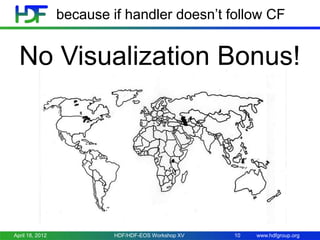 because if handler doesn’t follow CF

No Visualization Bonus!

April 18, 2012

HDF/HDF-EOS Workshop XV

10

www.hdfgroup.org

 
