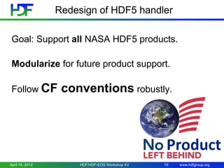 Redesign of HDF5 handler
Goal: Support all NASA HDF5 products.
Modularize for future product support.
Follow CF

conventions robustly.

Product
April 18, 2012

HDF/HDF-EOS Workshop XV

19

www.hdfgroup.org

 