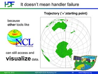 It doesn’t mean handler failure

because
other tools like

can still access and

visualize data.
April 18, 2012

HDF/HDF-EOS Workshop XV

38

www.hdfgroup.org

 