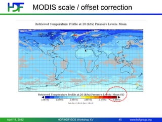 MODIS scale / offset correction

April 18, 2012

HDF/HDF-EOS Workshop XV

45

www.hdfgroup.org

 