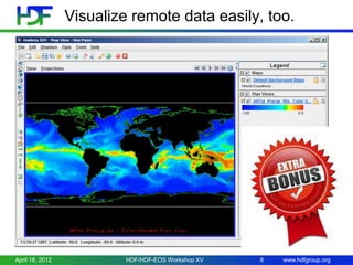 Visualize remote data easily, too.

April 18, 2012

HDF/HDF-EOS Workshop XV

8

www.hdfgroup.org

 