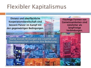 Flüchtige Formen von
Gemeinsamkeiten sind
nützlicher als
langfristige
Verbindungen.
Starke soziale Bindungen wie Loyalität und
Dienstbereitschaft verlieren ihre Bedeutung.
Distanz und oberflächliche
Kooperationsbereitschaft sind
bessere Panzer im Kampf mit
den gegenwärtigen Bedingungen.
Richard Sennet
Flexibler Kapitalismus
 