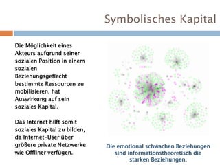 Symbolisches Kapital
Die Möglichkeit eines
Akteurs aufgrund seiner
sozialen Position in einem
sozialen
Beziehungsgeflecht
bestimmte Ressourcen zu
mobilisieren, hat
Auswirkung auf sein
soziales Kapital.
Das Internet hilft somit
soziales Kapital zu bilden,
da Internet-User über
größere private Netzwerke
wie Offliner verfügen.
Die emotional schwachen Beziehungen
sind informationstheoretisch die
starken Beziehungen.
 