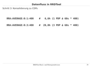 Datenfluss in RRDTool
Schritt 3: Konsolidierung zu CDPs



   RRA:AVERAGE:0:1:400              #      6,6h (1 PDP á 60s * 400)

   RRA:AVERAGE:0:3:400              #    20,0h (3 PDP á 60s * 400)




                            RRDTool Basis­ und Hintergrundwissen      39
 