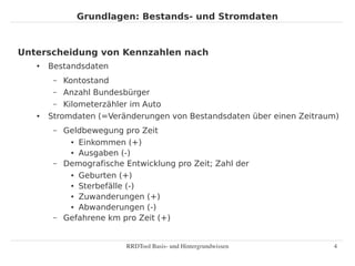 Grundlagen: Bestands- und Stromdaten



Unterscheidung von Kennzahlen nach
   ●   Bestandsdaten
        –  Kontostand
        – Anzahl Bundesbürger
        – Kilometerzähler im Auto
   ●   Stromdaten (=Veränderungen von Bestandsdaten über einen Zeitraum)
        –   Geldbewegung pro Zeit
             ● Einkommen (+)

             ● Ausgaben (-)


        –   Demografische Entwicklung pro Zeit; Zahl der
             ● Geburten (+)

             ● Sterbefälle (-)

             ● Zuwanderungen (+)

             ● Abwanderungen (-)


        –   Gefahrene km pro Zeit (+)


                          RRDTool Basis­ und Hintergrundwissen        4
 