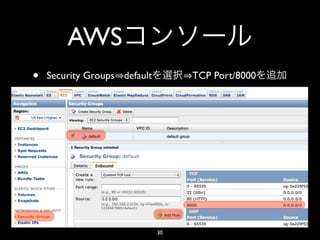 AWS
•   Security Groups default        TCP Port/8000




                              30
 