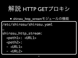 HTTP GET
   • shirasu_http_stream
/etc/shirasu/shirasu.yaml
…
shirasu_http_stream:
  <path1>: <URL1>
  <path2>:
  - <URL1>
  - <URL2>
                     61
 