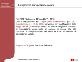 Progetto MOA  (Istat- Funzione Pubblica) Università Europea di   Roma, 28 aprile 2011 Il programma di misurazione italiano Nel 2007 l’Italia avvia il Piano 2007 – 2010  Con il meccanismo del “ Taglia oneri amministrativi ” ( art. 25,  decreto legge n. 112 del 2008 , convertito, con modificazioni, dalla  legge 133/08  ), il Governo italiano ha messo a regime il processo di misurazione, approvando un numero di misure atte alla riduzione e semplificazione dei costi in tutte le materie di competenza statale. Valorizzazione e responsabilità sociale della statistica pubblica 