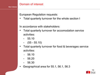 New indexes Domain of interest European Regulation requests: Total quarterly turnover for the whole section I In accordance with stakeholders: Total quarterly turnover for accomodation service activities:  -  55.10  -  (55 - 55.10) Total quarterly turnover for food & beverages service activities:   -  56.10  -  56.20  -  56.30    Geographical area for 55.1, 56.1, 56.3 
