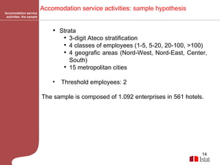 Accomodation service activities: the sample Accomodation service activities:  sample hypothesis   Strata 3-digit Ateco stratification  4 classes of employees (1-5, 5-20, 20-100, >100) 4 geografic areas (Nord-West, Nord-East, Center, South)  15 metropolitan cities Threshold employees: 2 The sample is composed of 1.092 enterprises in 561 hotels.   