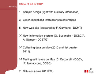 Advertising State of art of SBP Sample design (tight with auxiliary information) Letter, model and instructions to enterprises New web site (prepared by F. Garritano - DCMT) New information system (G. Busanello - DCSC/A,   A.   Stanco – DCET/2) Collecting data on May (2010 and 1st quarter 2011) Testing estimators on May (C. Ceccarelli - DCCV,  R. Iannaccone, DCSC) 7.  Diffusion (June 2011???) 