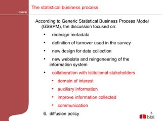 GSBPM  The statistical business process According to Generic Statistical Business Process Model (GSBPM),  the discussion focused on: redesign metadata  definition of turnover used in the survey new design for data collection  new websiste and reingeneering of the information system collaboration with istitutional stakeholders domain of interest auxiliary information improve information collected communication diffusion policy 
