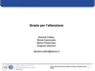 Grazie per l’attenzione


      Daniela Collesi,
     Nicola Caccavale,
     Marco Porzionato,
     Eugenio Starnino

  daniela.collesi@tesoro.it




                 Il settore delle amministrazioni pubbliche e la legge di contabilità e finanza   17
                 pubblica
 