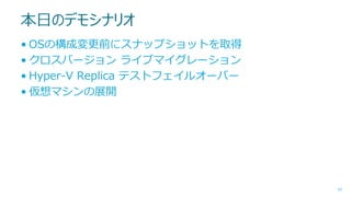 本日のデモシナリオ
• OSの構成変更前にスナップショットを取得
• クロスバージョン ライブマイグレーション
• Hyper-V Replica テストフェイルオーバー
• 仮想マシンの展開

43

 