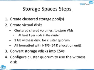 Storage Spaces Steps
1. Create clustered storage pool(s)
2. Create virtual disks
– Clustered shared volumes: to store VMs
• At least 1 per node in the cluster
– 1 GB witness disk: for cluster quorum
– All formatted with NTFS (64 K allocation unit)
3. Convert storage vdisks into CSVs
4. Configure cluster quorum to use the witness
disk
 