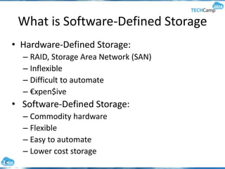 What is Software-Defined Storage
• Hardware-Defined Storage:
– RAID, Storage Area Network (SAN)
– Inflexible
– Difficult to automate
– €xpen$ive
• Software-Defined Storage:
– Commodity hardware
– Flexible
– Easy to automate
– Lower cost storage
 