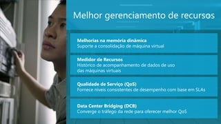 8
Melhor gerenciamento de recursos
Melhorias na memória dinâmica
Suporte a consolidação de máquina virtual
Medidor de Recursos
Histórico de acompanhamento de dados de uso
das máquinas virtuais
Qualidade de Serviço (QoS)
Fornece níveis consistentes de desempenho com base em SLAs
Data Center Bridging (DCB)
Converge o tráfego da rede para oferecer melhor QoS
 