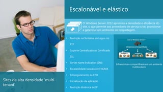 Escalonável e elástico

                                                 O Windows Server 2012 aprimora a densidade e eficiência do
                                                 site, o que permite aos provedores de serviço criar, provisionar
                                                 e gerenciar um ambiente de hospedagem.

                                  •   Restrição na Tentativa de Logon no

                                      FTP

                                  •   Suporte Centralizado ao Certificado

                                      SSL

                                  •   Server Name Indication (SNI)
                                                                            Infraestrutura compartilhada em um ambiente
                                                                                             multilocatário
                                  •   Escalabilidade baseada em NUMA

                                  •   Estrangulamento da CPU

Sites de alta densidade 'multi-   •   Inicialização da aplicação
tenant'
                                  •   Restrição dinâmica do IP                                                    16
 