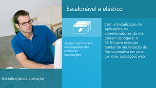 Escalonável e elástico

                                                   Com a Inicialização de
                                                   Aplicações, os
                                                   administradores do site
                                                   podem configurar o
                             Ajuda a aprimorar o   IIS 8.0 para executar
                             desempenho das        tarefas de inicialização de
                             primeiras             forma proativa em uma
                             solicitações          ou mais aplicações web.




Inicialização da aplicação
                                                                                 22
 