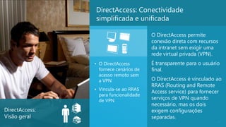 DirectAccess: Conectividade
                simplificada e unificada

                                        O DirectAccess permite
                                        conexão direta com recursos
                                        da intranet sem exigir uma
                                        rede virtual privada (VPN).
                • O DirectAccess        É transparente para o usuário
                  fornece cenários de   final.
                  acesso remoto sem
                  a VPN                 O DirectAccess é vinculado ao
                                        RRAS (Routing and Remote
                • Vincula-se ao RRAS
                                        Access service) para fornecer
                  para funcionalidade
                  de VPN
                                        serviços de VPN quando
                                        necessário, mas os dois
DirectAccess:                           exigem configurações
Visão geral                             separadas.
                                                                    11
 