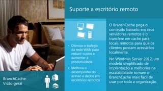 Suporte a escritório remoto

                                       O BranchCache pega o
                                       conteúdo baixado em seus
                                       servidores remotos e o
                                       transfere em cache para
                                       locais remotos para que os
               • Otimiza o tráfego
                 da rede WAN para
                                       clientes possam acessá-los
                 reduzir custos e      localmente.
                 aumentar a            No Windows Server 2012, um
                 produtividade.
                                       modelo simplificado de
               • Melhora o             implantação e melhorias na
                 desempenho do         escalabilidade tornam o
                 acesso a dados em     BranchCache mais fácil de
BranchCache:     escritórios remotos
Visão geral                            usar por toda a organização.
                                                                    14
 