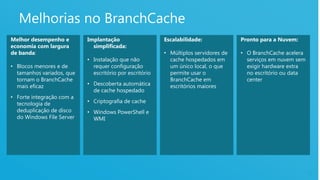 Melhorias no BranchCache
Melhor desempenho e        Implantação                   Escalabilidade:             Pronto para a Nuvem:
economia com largura         simplificada:
de banda:                                                • Múltiplos servidores de   • O BranchCache acelera
                           • Instalação que não            cache hospedados em         serviços em nuvem sem
• Blocos menores e de        requer configuração           um único local, o que       exigir hardware extra
  tamanhos variados, que     escritório por escritório     permite usar o              no escritório ou data
  tornam o BranchCache                                     BranchCache em              center
  mais eficaz              • Descoberta automática         escritórios maiores
                             de cache hospedado
• Forte integração com a
  tecnologia de            • Criptografia de cache
  deduplicação de disco    • Windows PowerShell e
  do Windows File Server     WMI




                                                                                                               15
 