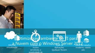 Otimize seu ambiente de TI para
  Além daNuvem com de Windows Server 2012 trabalho
      a         O poder
                        o    Todas as   Estilo de
virtualização        muitos         Aplicações,    moderno, viabiliz
                  servidores, a   Qualquer Nuvem        ado            2
                simplicidade de
 