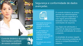 Segurança e conformidade de dados
                                avançadas.

                                                            O controle dinâmico ao acesso
                                                            permite aos administradores
                                                            marcar arquivos específicos e
                                                            criar regras personalizadas
                                                            baseadas nessas marcações
                               • Solicitações de arquivos   (solicitações de arquivos).
                                 baseadas em local.
                                 conteúdo ou entrada        Uso lógico de solicitações e
                                 manual
                                                            políticas de segurança permitem
                               • As solicitações e as       o controle centralizado do acesso
                                 políticas centrais         a arquivos.
                                 trabalham juntas para
                                 estabelecer uma "rede de
                                 segurança" flexível e      A remedição de acesso negado
Controle dinâmico de acesso:     poderosa.                  permite solucionar problemas de
Solicitações e políticas       • Remedição para acesso
                                                            acesso a compartilhamentos e
de acesso centralizado           negado                     arquivos.                     24
 