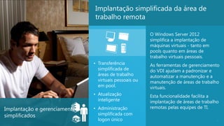 Implantação simplificada da área de
                              trabalho remota

                                                       O Windows Server 2012
                                                       simplifica a implantação de
                                                       máquinas virtuais - tanto em
                                                       pools quanto em áreas de
                                                       trabalho virtuais pessoais.
                              • Transferência          As ferramentas de gerenciamento
                                simplificada de        do VDI ajudam a padronizar e
                                áreas de trabalho      automatizar a manutenção e a
                                virtuais pessoais ou   manutenção de áreas de trabalho
                                em pool.               virtuais.
                              • Atualização            Esta funcionalidade facilita a
                                inteligente            implantação de áreas de trabalho
Implantação e gerenciamento   • Administração          remotas pelas equipes de TI.
simplificados                   simplificada com
                                logon único                                           9
 
