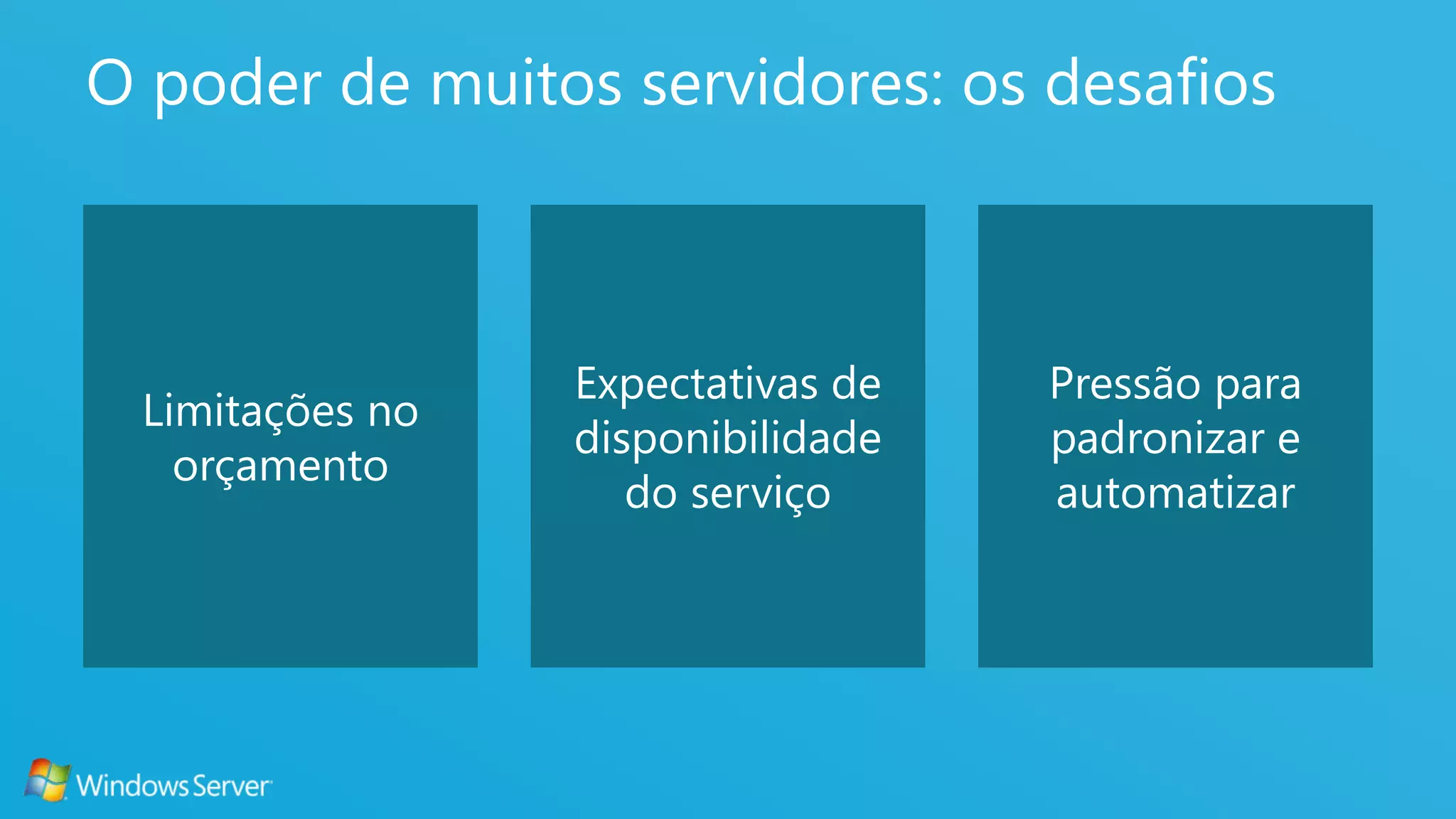 3
O poder de muitos servidores: os desafios
Limitações no
orçamento
Expectativas de
disponibilidade
do serviço
Pressão para
padronizar e
automatizar
 