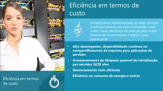 10
Eficiência em termos de
custo
• Alto desempenho, disponibilidade contínua no
compartilhamento de arquivos para aplicações de
servidor
• Armazenamento de bloqueio passível de inicialização
por servidor iSCSI alvo
• Gerenciamento mais eficiente
• Eficiência no consumo de energia e outras
Infraestrutura potencializada de rede, servidor
e armazenamento do tipo commodity, bem
como maior eficiência de energia para maior
retorno do investimento e menor custo
operacional
Eficiência em termos
de custo
 