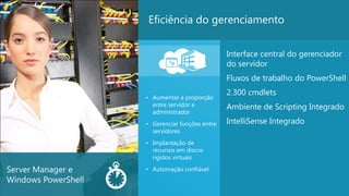 9
Interface central do gerenciador
do servidor
Fluxos de trabalho do PowerShell
2.300 cmdlets
Ambiente de Scripting Integrado
IntelliSense Integrado
Eficiência do gerenciamento
Server Manager e
Windows PowerShell
• Aumentar a proporção
entre servidor e
administrador
• Gerenciar funções entre
servidores
• Implantação de
recursos em discos
rígidos virtuais
• Automação confiável
 