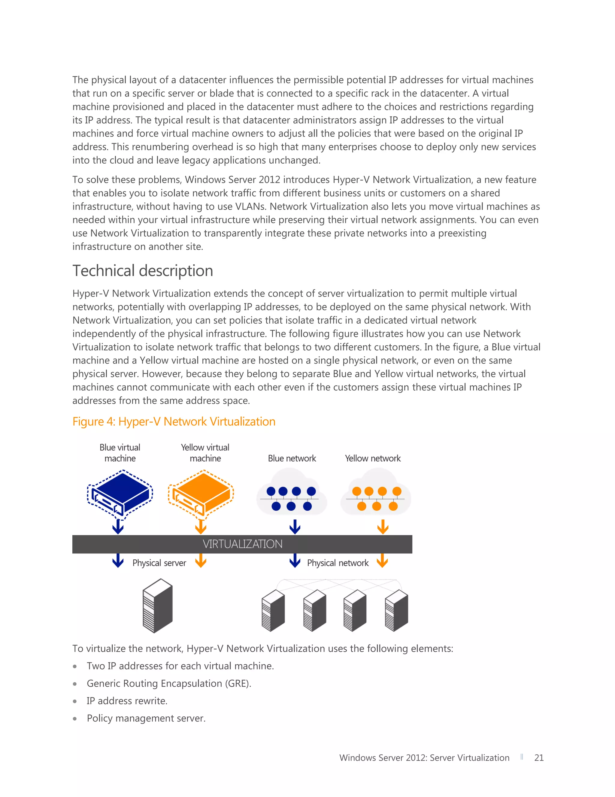 Windows Server 2012: Server Virtualization 21
The physical layout of a datacenter influences the permissible potential IP addresses for virtual machines
that run on a specific server or blade that is connected to a specific rack in the datacenter. A virtual
machine provisioned and placed in the datacenter must adhere to the choices and restrictions regarding
its IP address. The typical result is that datacenter administrators assign IP addresses to the virtual
machines and force virtual machine owners to adjust all the policies that were based on the original IP
address. This renumbering overhead is so high that many enterprises choose to deploy only new services
into the cloud and leave legacy applications unchanged.
To solve these problems, Windows Server 2012 introduces Hyper-V Network Virtualization, a new feature
that enables you to isolate network traffic from different business units or customers on a shared
infrastructure, without having to use VLANs. Network Virtualization also lets you move virtual machines as
needed within your virtual infrastructure while preserving their virtual network assignments. You can even
use Network Virtualization to transparently integrate these private networks into a preexisting
infrastructure on another site.
Technical description
Hyper-V Network Virtualization extends the concept of server virtualization to permit multiple virtual
networks, potentially with overlapping IP addresses, to be deployed on the same physical network. With
Network Virtualization, you can set policies that isolate traffic in a dedicated virtual network
independently of the physical infrastructure. The following figure illustrates how you can use Network
Virtualization to isolate network traffic that belongs to two different customers. In the figure, a Blue virtual
machine and a Yellow virtual machine are hosted on a single physical network, or even on the same
physical server. However, because they belong to separate Blue and Yellow virtual networks, the virtual
machines cannot communicate with each other even if the customers assign these virtual machines IP
addresses from the same address space.
Figure 4: Hyper-V Network Virtualization
To virtualize the network, Hyper-V Network Virtualization uses the following elements:
 Two IP addresses for each virtual machine.
 Generic Routing Encapsulation (GRE).
 IP address rewrite.
 Policy management server.
 