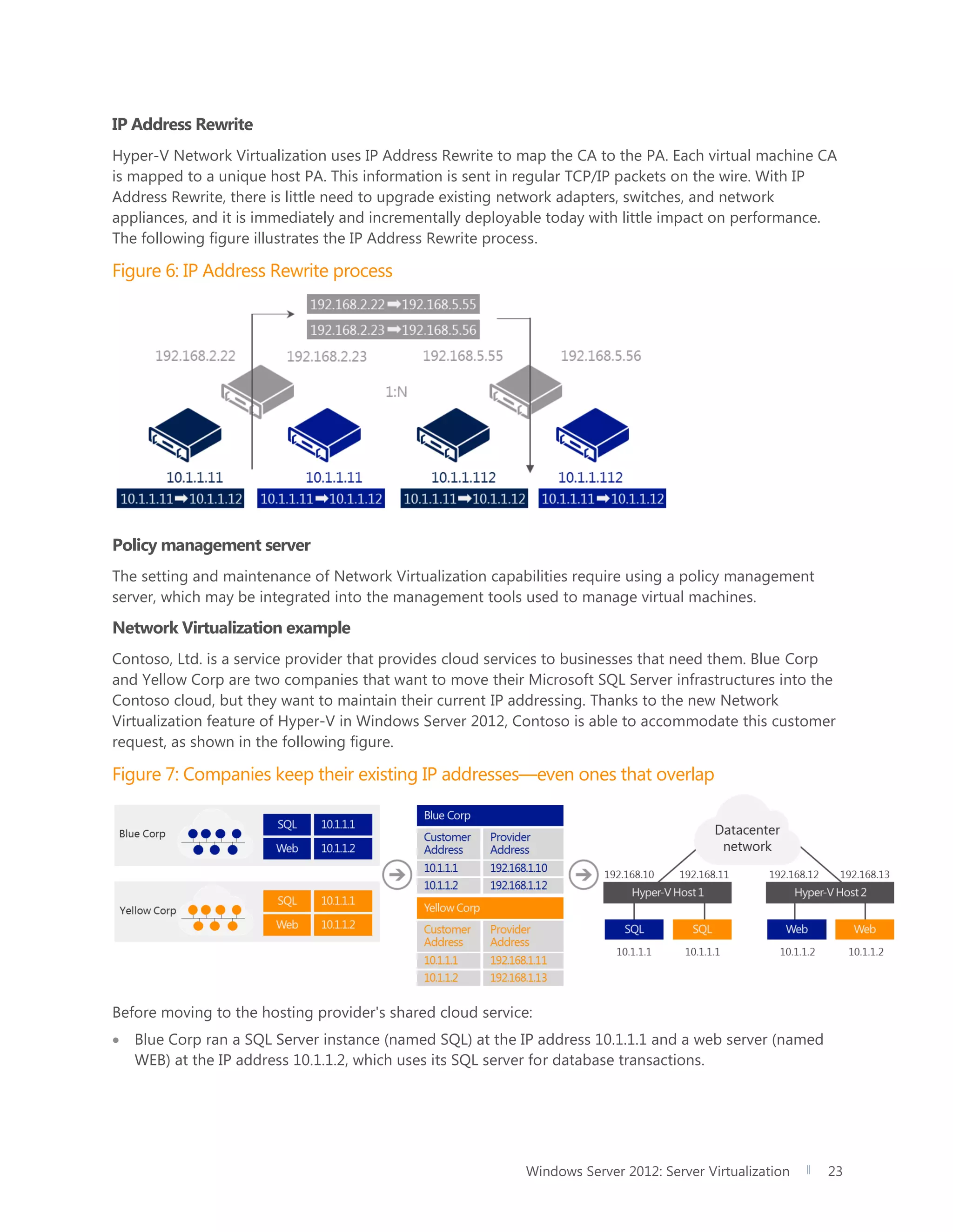 Windows Server 2012: Server Virtualization 23
IP Address Rewrite
Hyper-V Network Virtualization uses IP Address Rewrite to map the CA to the PA. Each virtual machine CA
is mapped to a unique host PA. This information is sent in regular TCP/IP packets on the wire. With IP
Address Rewrite, there is little need to upgrade existing network adapters, switches, and network
appliances, and it is immediately and incrementally deployable today with little impact on performance.
The following figure illustrates the IP Address Rewrite process.
Figure 6: IP Address Rewrite process
Policy management server
The setting and maintenance of Network Virtualization capabilities require using a policy management
server, which may be integrated into the management tools used to manage virtual machines.
Network Virtualization example
Contoso, Ltd. is a service provider that provides cloud services to businesses that need them. Blue Corp
and Yellow Corp are two companies that want to move their Microsoft SQL Server infrastructures into the
Contoso cloud, but they want to maintain their current IP addressing. Thanks to the new Network
Virtualization feature of Hyper-V in Windows Server 2012, Contoso is able to accommodate this customer
request, as shown in the following figure.
Figure 7: Companies keep their existing IP addresses—even ones that overlap
Before moving to the hosting provider's shared cloud service:
 Blue Corp ran a SQL Server instance (named SQL) at the IP address 10.1.1.1 and a web server (named
WEB) at the IP address 10.1.1.2, which uses its SQL server for database transactions.
 