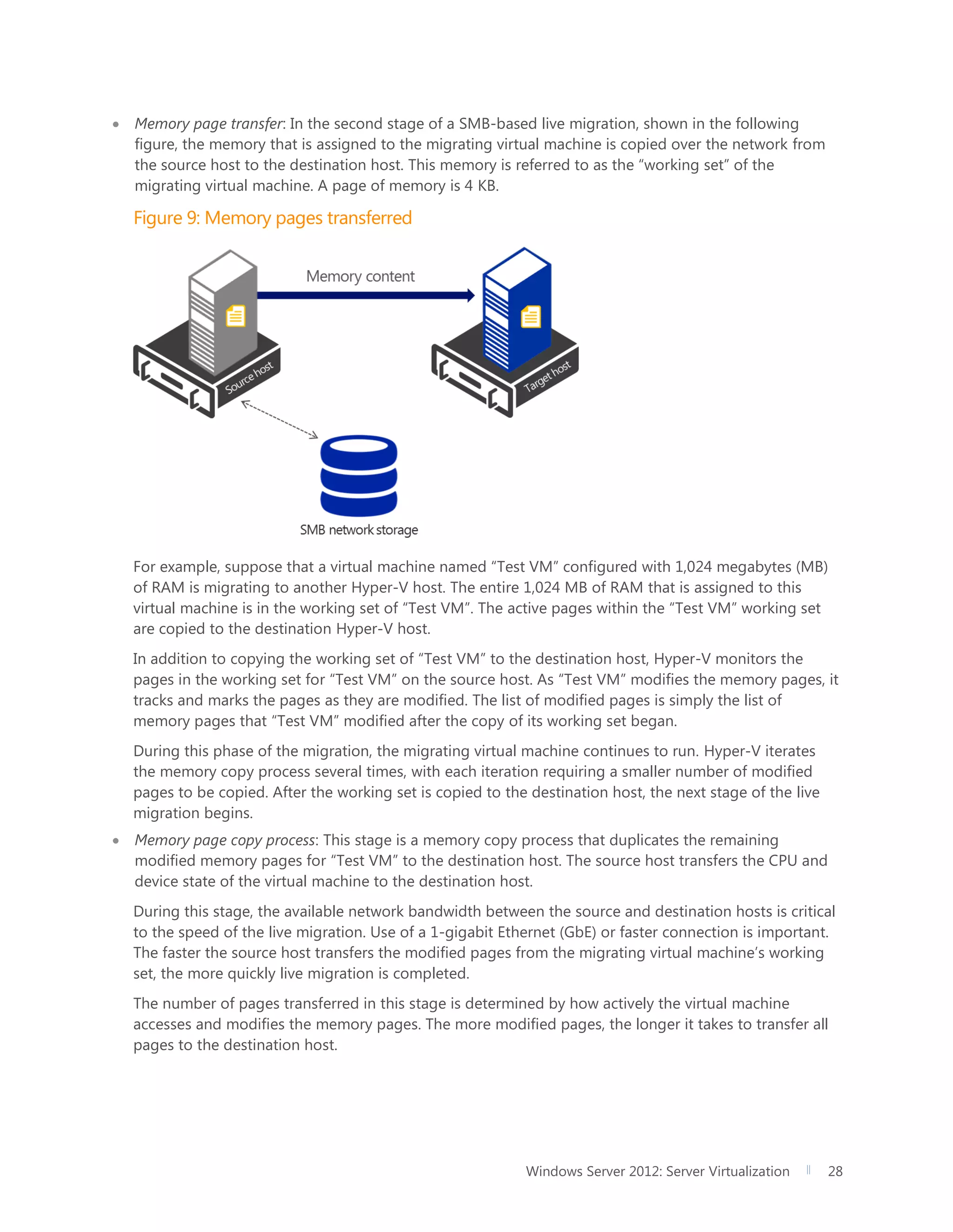 Windows Server 2012: Server Virtualization 28
 Memory page transfer: In the second stage of a SMB-based live migration, shown in the following
figure, the memory that is assigned to the migrating virtual machine is copied over the network from
the source host to the destination host. This memory is referred to as the “working set” of the
migrating virtual machine. A page of memory is 4 KB.
Figure 9: Memory pages transferred
For example, suppose that a virtual machine named “Test VM” configured with 1,024 megabytes (MB)
of RAM is migrating to another Hyper-V host. The entire 1,024 MB of RAM that is assigned to this
virtual machine is in the working set of “Test VM”. The active pages within the “Test VM” working set
are copied to the destination Hyper-V host.
In addition to copying the working set of “Test VM” to the destination host, Hyper-V monitors the
pages in the working set for “Test VM” on the source host. As “Test VM” modifies the memory pages, it
tracks and marks the pages as they are modified. The list of modified pages is simply the list of
memory pages that “Test VM” modified after the copy of its working set began.
During this phase of the migration, the migrating virtual machine continues to run. Hyper-V iterates
the memory copy process several times, with each iteration requiring a smaller number of modified
pages to be copied. After the working set is copied to the destination host, the next stage of the live
migration begins.
 Memory page copy process: This stage is a memory copy process that duplicates the remaining
modified memory pages for “Test VM” to the destination host. The source host transfers the CPU and
device state of the virtual machine to the destination host.
During this stage, the available network bandwidth between the source and destination hosts is critical
to the speed of the live migration. Use of a 1-gigabit Ethernet (GbE) or faster connection is important.
The faster the source host transfers the modified pages from the migrating virtual machine’s working
set, the more quickly live migration is completed.
The number of pages transferred in this stage is determined by how actively the virtual machine
accesses and modifies the memory pages. The more modified pages, the longer it takes to transfer all
pages to the destination host.
 